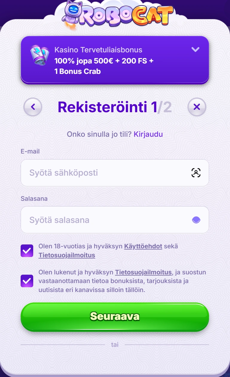 Kuinka rekisteröidyt Robocat Casinoon